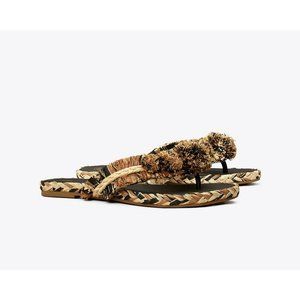 Tory Burch Raffia Flat Sandal Black/Aged Camello/Natural) Size 5 MSRP $228